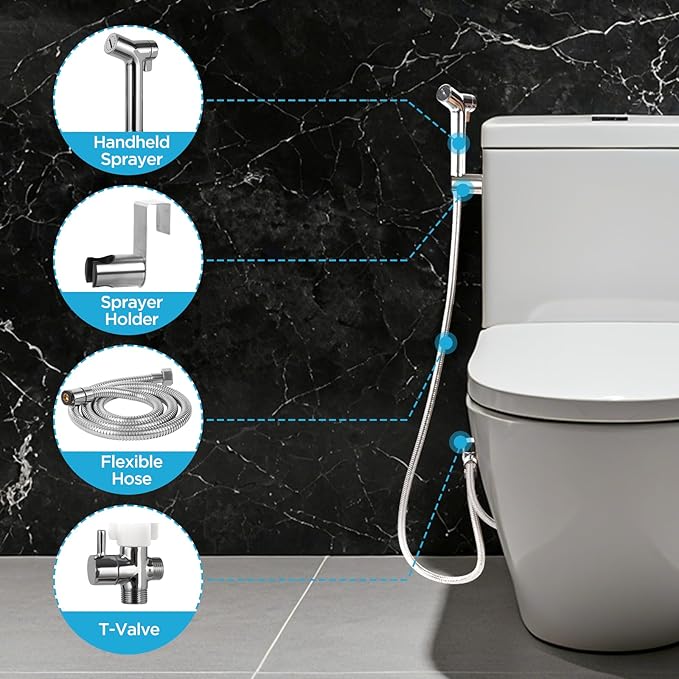 Handheld Bidet Sprayer for Toilet, Adjustable Pressure Feminine Wash - Stainless Steel Easy Install Hand Held Shattaf Spray Hose with Shut-Off Valve, Perfect as Diaper Sprayer, Postpartum Care