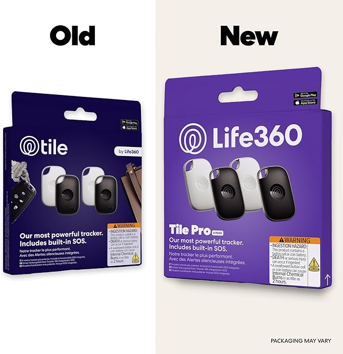 Life360 Tile Pro - Powerful Bluetooth Tracker, Key Finder and Item Locator for Keys Bags, and More. Both iOS and Android Compatible. Phone Finder. 4-Pack (Black/White)