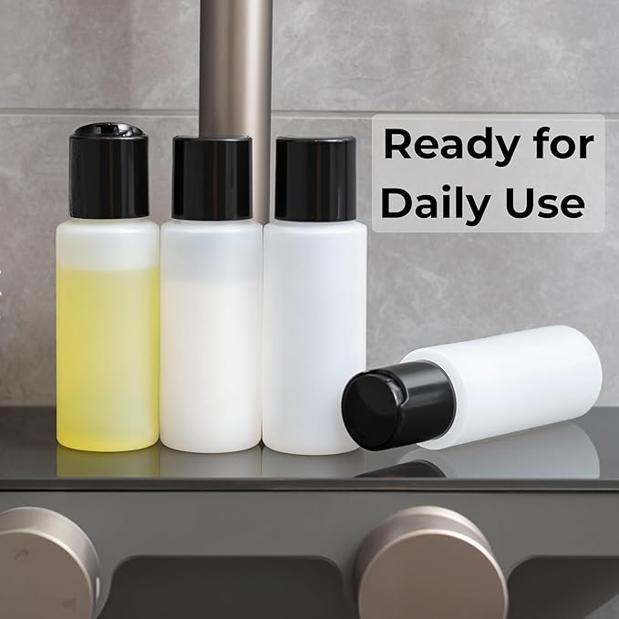 4 Pack 2oz Travel Bottles – TSA Approved HDPE Translucent Squeeze Bottles with Black Disc Tops & 4 Extra Screw Caps, Leak Proof, Durable, BPA Free, FDA Compliant