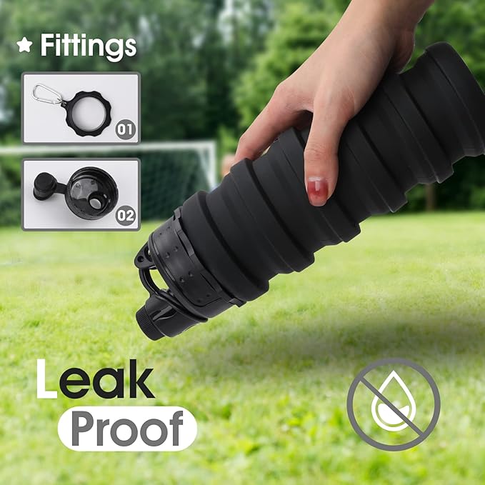 Collapsible Water Bottle for Adults, Boys, Students, Kids, Reusable Silicone Foldable Water Bottles for Travel Camping Hiking, Portable Sports Water Bottle, Black
