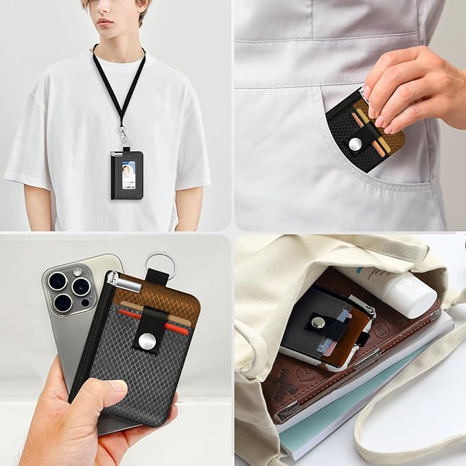 Minimalist RFID Blocking Small Wallet with ID Window,WaterResistant Zip Id Case Wallet with Lanyard Keychain for Cards,Cash,Travel,Women,Men（Drak Grey/Brown）