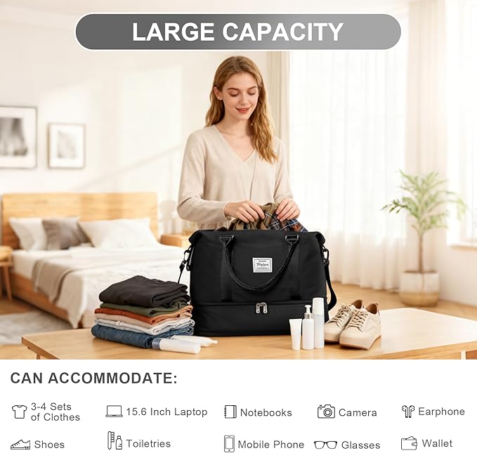 Travel Duffel Bag, 18x14x8 Inches Travel Bag Spirit with Shoes Compartment, Weekender Overnight Bag for Women with Trolley Sleeve, Carry On Bag for Airplanes Sport Tote Gym Bag (Black).