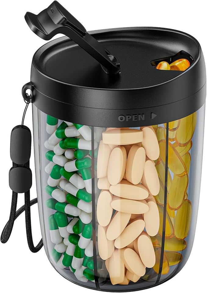 PULIV Large Pill Bottle Organizer for Holding 6 Various Vitamins without Filling Hassle, Supplement Organizer for Travel, Anti-Mixing Pill Box Case with Wide Opening for Easy Pill Retrieval, 20 Labels