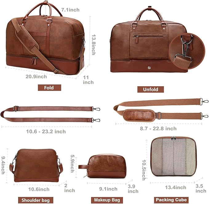 Large 4-in-1 Leather Duffle Bag for Travel Weekender Overnight Hospital Gym Bag for Men & Women, Carry On Airline Approved Personal Item Duffel Garment Bag Luggage with Shoe Compartment & Toiletry Bag