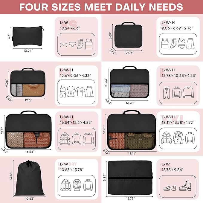 SDGFUI 8 PCS Compression Packing Cubes for Travel Women, Compression Organizer for Luggage Space Saving Travel Essentials and Carry on, Luggage Organizer Bags for Suitcase - Black