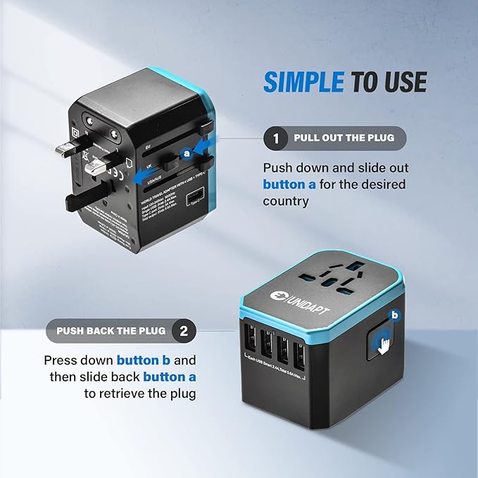 Universal Travel Adapter for Europe and International Travel from USA, Type C EU/Type G UK/Type I AU/Type A US, 1 AC Outlet, 1 USB-C and 4 USB-A Ports, Unidapt Travel Plug Adapter
