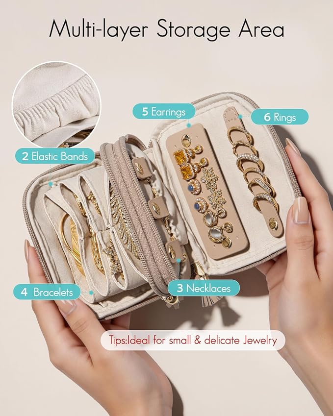 VLANDO Travel Jewelry Case,2-Layer Jewelry Organizer for Travel,Mothers Day Mom Gifts,Multi-Compartment Jewelry Storage for Rings Earrings Necklaces Bracelets-Toffee