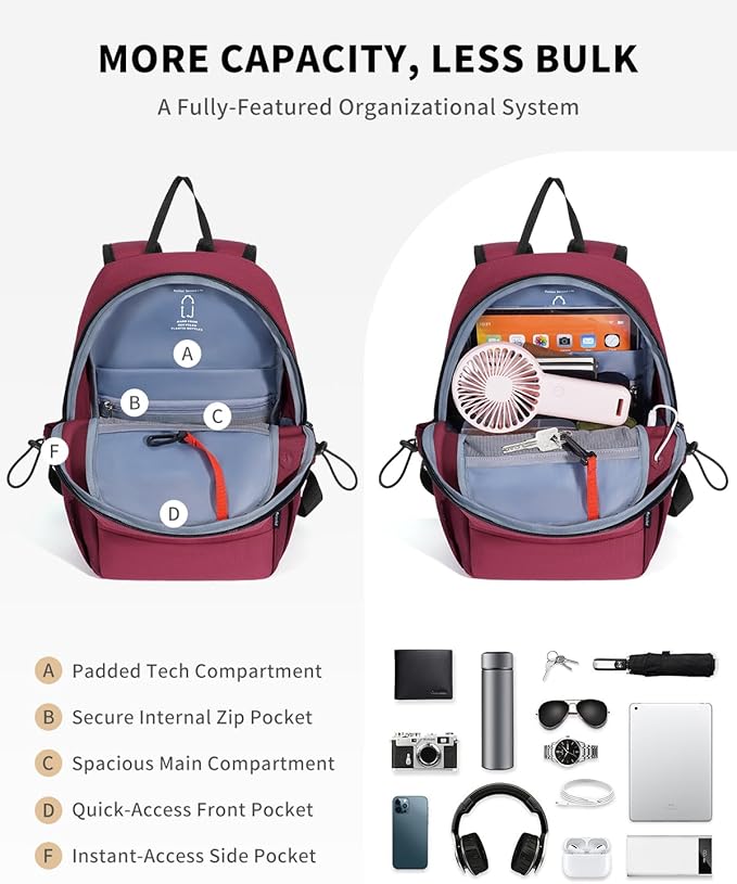 ECOHUB Mini Anti-Theft RFID Backpack for Women and Men, Water-Resistant, Lightweight Travel Daypack with iPad Sleeve, Key Holder, 9 Pockets, Gifting, Red