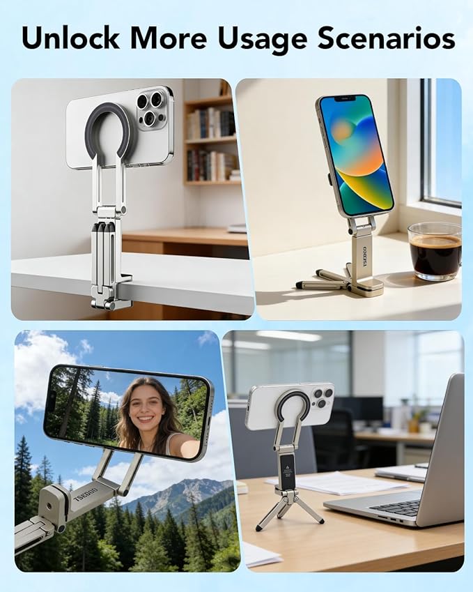 Magnetic Tripod for iPhone - Foldable Mini Pocket Phone Stand, Portable Selfie Stick Handle Grip with 360°, Airplane Travel Essentials, Phone Holders for Your Car and Gym (Silver)