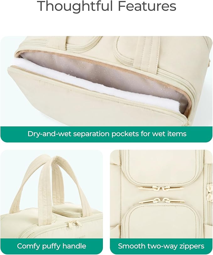 BAGSMART Travel Toiletry Bag, Puffy Large Toiletry Bag for Women, Lightweight Cosmetic Makeup Bag Organizer with Handle for Traveling, Accessories, Essentials, Toiletries （Beige