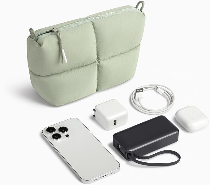 Comfyable Puffy Electronics Organizer Travel Case, Cute Tech Pouch for Women Men, Cable Storage Bag for Charger, Phone, Power Bank, Cord, Compact Tech Accessories Pouch, Sage