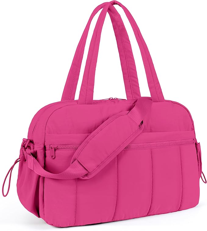 Lightweight Travel Duffle Bag for Women, Quilted Puffy Weekender with Wet Pocket for Gym, Overnight, Personal Item Carry On, Rose Red