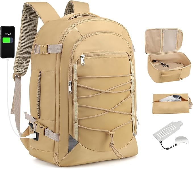 Carry on Travel Backpack, Flight Approved Personal Item Bag for Men Women, Door Lock, USB A/C Port, Shoe Bag, Fits 16" Laptop, Khaki
