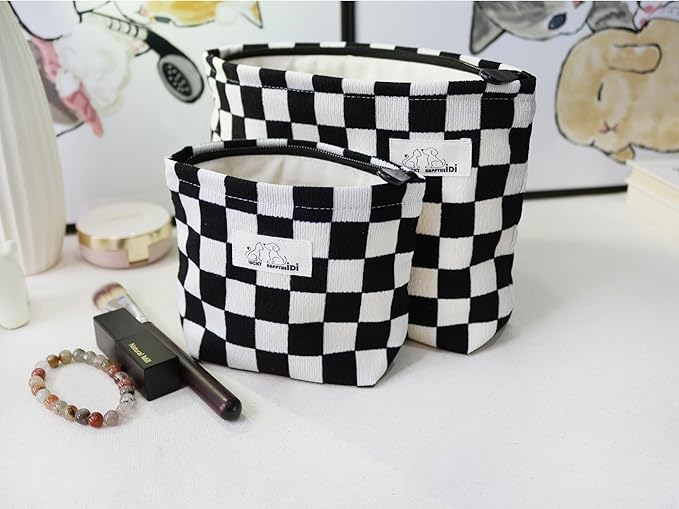HAPPYHEIDI Women Checkered Corduroy Makeup Bag Cosmetic Pouch Purse Organiser, Canvas Lining, Cute Black White