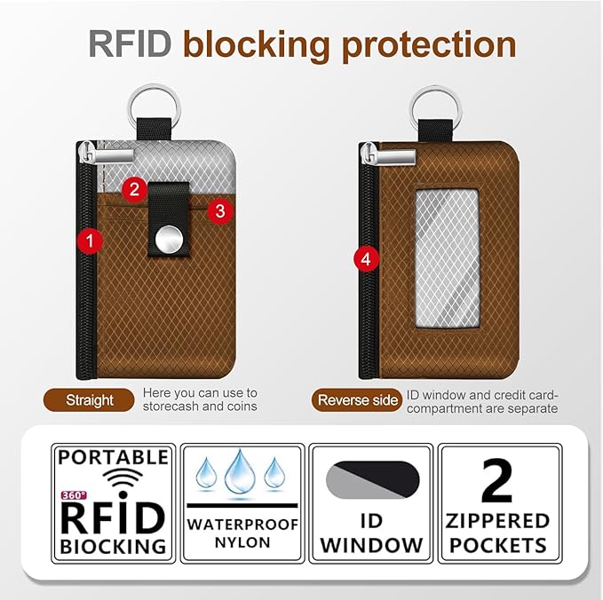 Minimalist RFID Blocking Small Wallet with ID Window,WaterResistant Zip Id Case Wallet with Lanyard Keychain for Cards,Cash,Travel,Women,Men (Brown/Light Grey)