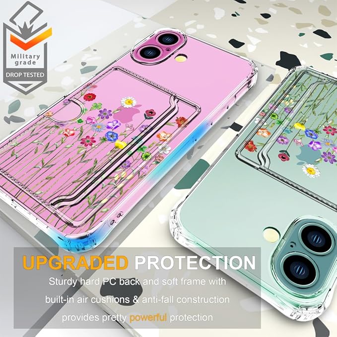 Compatible with iPhone 16 Plus Case Card Holder for Women Cute Design,Wallet Phone Cases Transparent Cool Kawaii Protective (Clear Flower Floral Bouquet)
