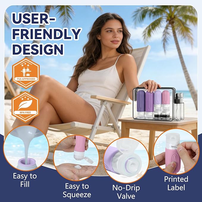 Travel Bottles for Toiletries 10 Pack, TSA Approved Travel Size Toiletries Essentials Containers Set, Leak Proof Silicone Bottles Kit, Refillable Liquid & Creams Accessories (PURPLE)