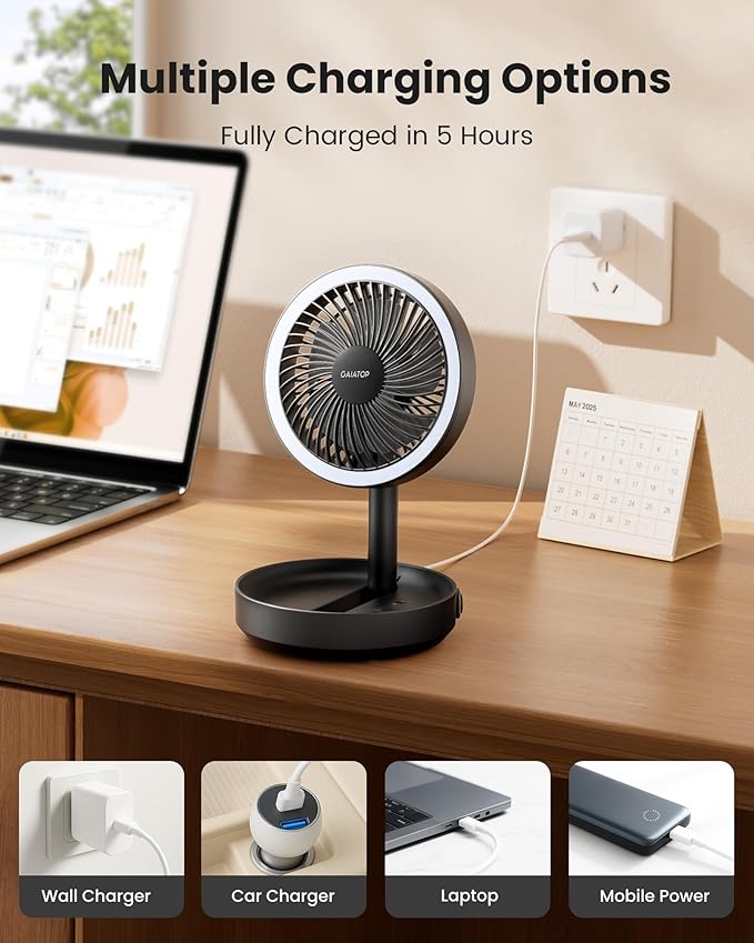 Gaiatop Foldable Small Desk Fan with LED Night Light, Wireless 6000mAh Battery Powered Portable Fan USB Rechargeable, Bedroom Office Dorm Travel Camping Cruise Essentials, Gifts for Women Men, Black