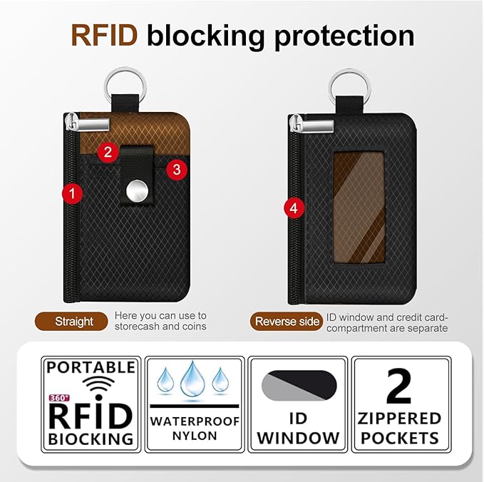 Minimalist RFID Blocking Small Wallet with ID Window,WaterResistant Zip Id Case Wallet with Lanyard Keychain for Cards,Cash,Travel,Women,Men (Black/Brown)