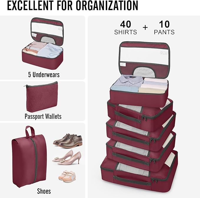Veken 10 Set Packing Cubes for Travel Essentials, Suitcase Organizer Bags in 4 Sizes, Carry-On Luggage Accessories with Large Laundry Bag & Passport Holder, Must-Have for Airplane, Road Trip & Camping