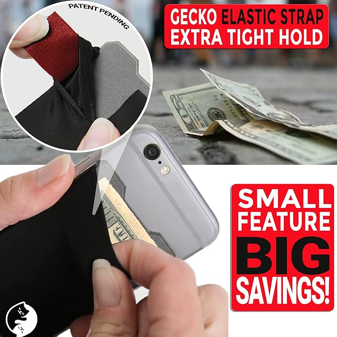 Phone Wallet - Adhesive Card Holder - Cell Phone Pouch - Stick on Lycra Pocket by Gecko - Carry Credit Cards and Cash