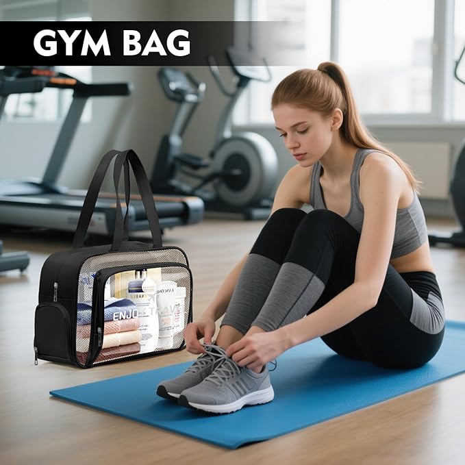 BuyCard Chenille Letter Patch Clear Travel Bags, Preppy PVC&Nylon Makeup Bag with Handle and Zipper, Waterproof Large Clear Travel Toiletry Bag Storage Bag for Women Girls