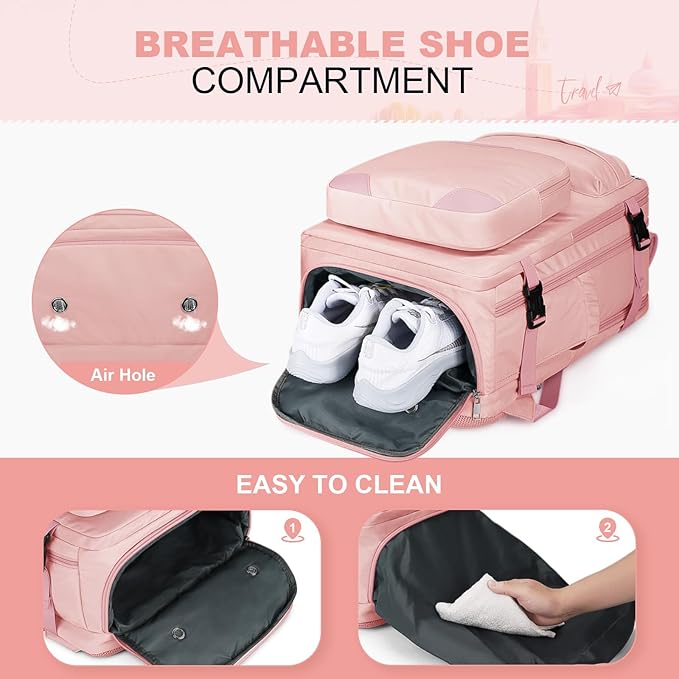 Maelstrom Travel Backpack for Women Men,35L Laptop Backpack Fits 17-Inch Laptop,Carry On Backpack for Airplanes with Crossbody Bag & Shoe Compartment&Toiletry Bag (Pink, Large)