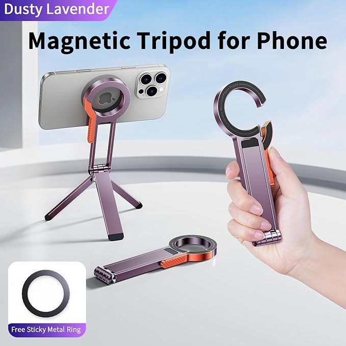 for MagSafe Magnetic Phone Tripod Stand for iPhone & Android Phone, Portable Mini Pocket Tripod Holder, Foldable Aluminum Small Holder with Carabiner Clip for iPhone 16/15/14/13 Series, Dusty Purple