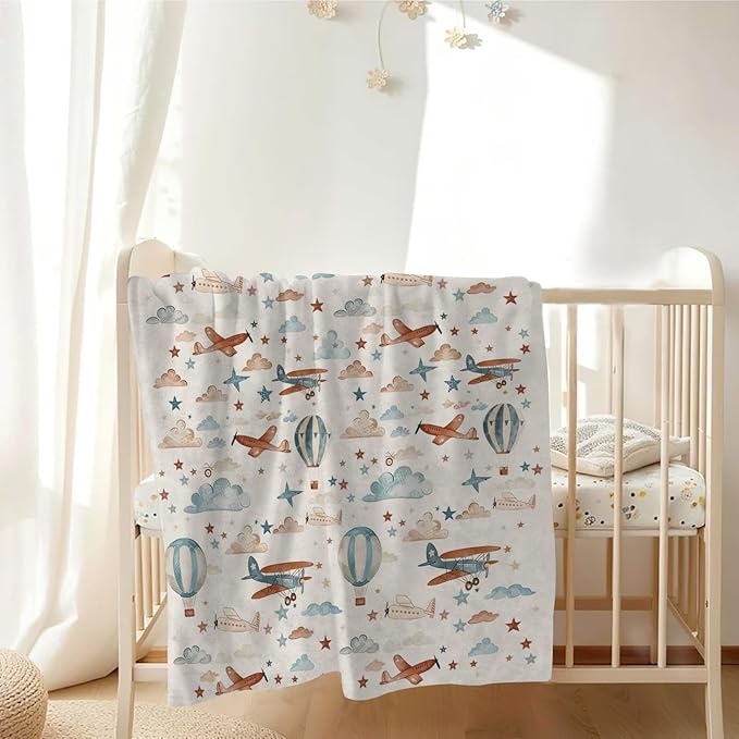 Unisex Plane Hot Air Balloon Prints Baby Nursery Throw Gift Blanket for Boys Girls, Aircraft Transportation Clouds Stars Pattern Swaddle Receiving Bed Blanket for Newborn Toddlers Kids-50x60
