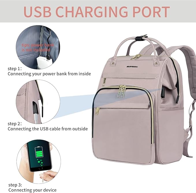 EMPSIGN 15.6 Inch Laptop Backpack for Women, Computer Travel Business Work Bag, Water Repellent College Casual Daypack with USB Port, Dusty Pink