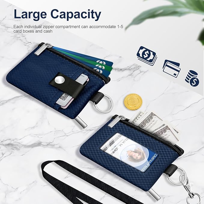 Minimalist RFID Blocking Small Wallet with ID Window,WaterResistant Zip Id Case Wallet with Lanyard Keychain for Cards,Cash,Travel,Women,Men (Dark blue)