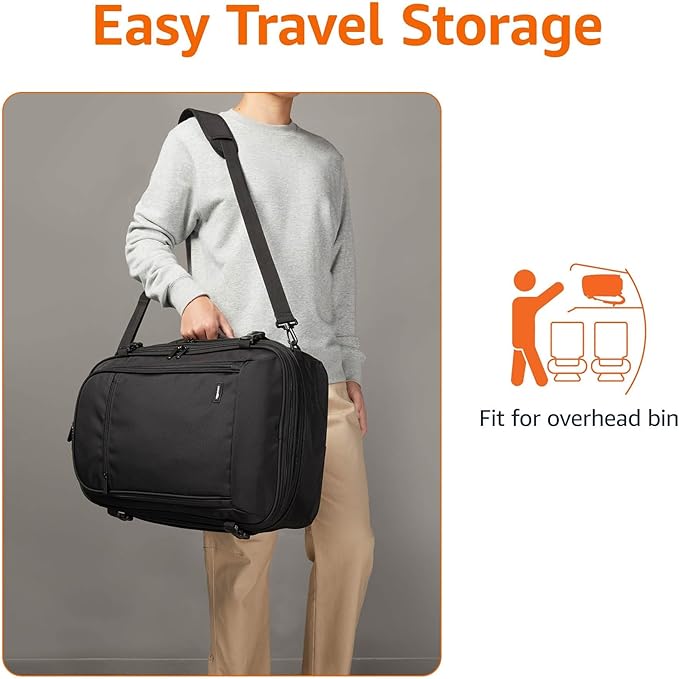 Amazon Basics Travel Backpack, Carry-On with Laptop Compartment, 40L Capacity, Expandable for 10% Extra Space, Convertible Backpack & Shoulder Bag, Multiple Pockets, 15.8"W x 21.5"H x 8.3"D, Black