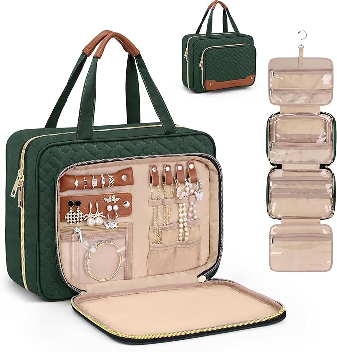 Wedama Toiletry Bag for Women, Hanging Travel Toiletry Bag with Jewelry Organizer Compartment Large Makeup Bag, PVC Waterproof Cosmetic Travel Bag Trips Camping Bathroom, Dark Green