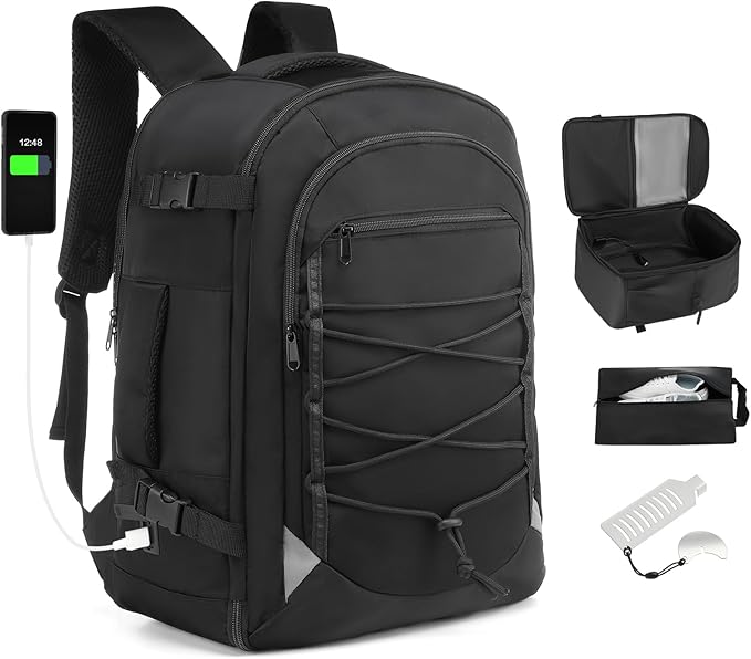 Carry on Travel Backpack, Flight Approved Personal Item Bag for Men Women, Door Lock, USB A/C Port, Shoe Bag, Fits 16" Laptop, Black