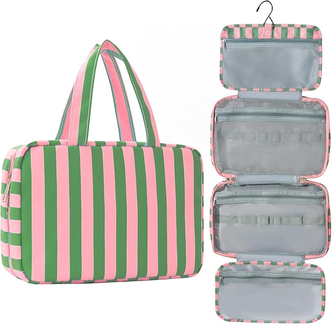 Toiletry Bag for Women Travel Water-resistant Cosmetic Bag Fashion Stripes Makeup Bag with Hanging Hook Preppy for Store Toiletries Cosmetic Accessories Medium Green
