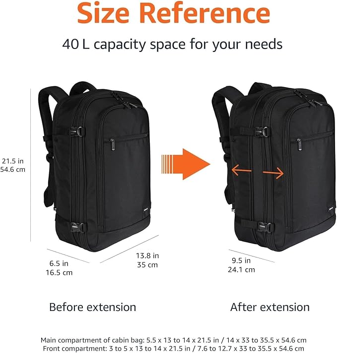 Amazon Basics Travel Backpack, Carry-On with Laptop Compartment, 40L Capacity, Expandable for 10% Extra Space, Convertible Backpack & Shoulder Bag, Multiple Pockets, 15.8"W x 21.5"H x 8.3"D, Black