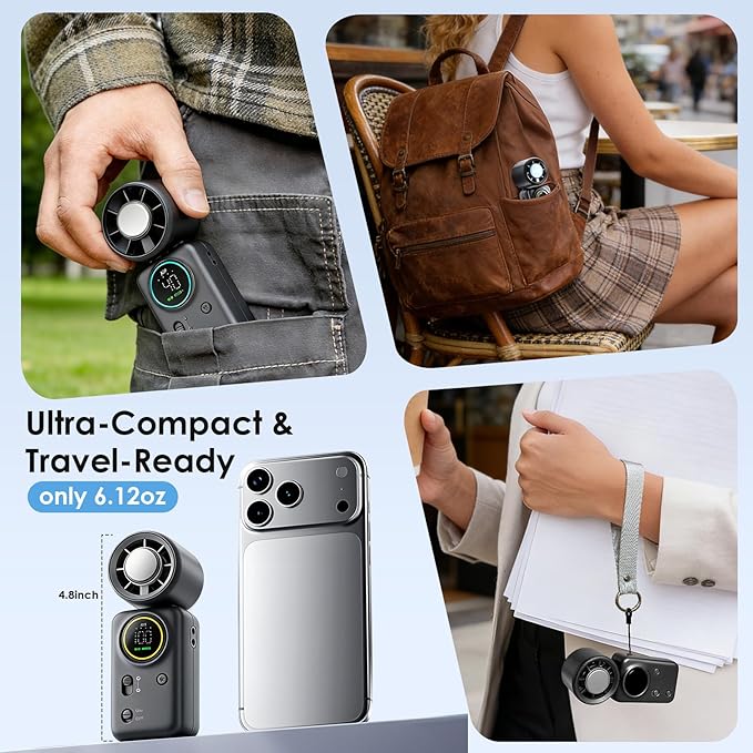 FurBall 4-IN-1 Portable Handheld Fan with Ice Cooling, High-speed Turbo Power 100 Gear Adjustable, LED Display, 6000mAh Rechargeable Battery, Foldable & Quiet Personal Fan for Travel, Office, Outdoor