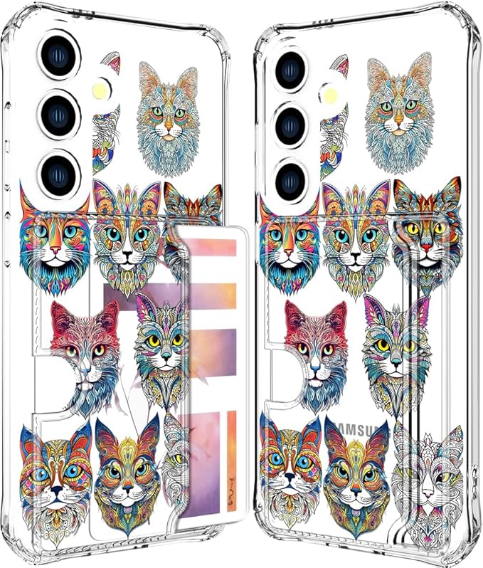 Compatible with Samsung Galaxy S24+ Plus / S25+ Plus Case Card Holder for Women Cute Design,Wallet Phone Cases Transparent Cool Kawaii Protective (Clear Tattoo Cats Animal)