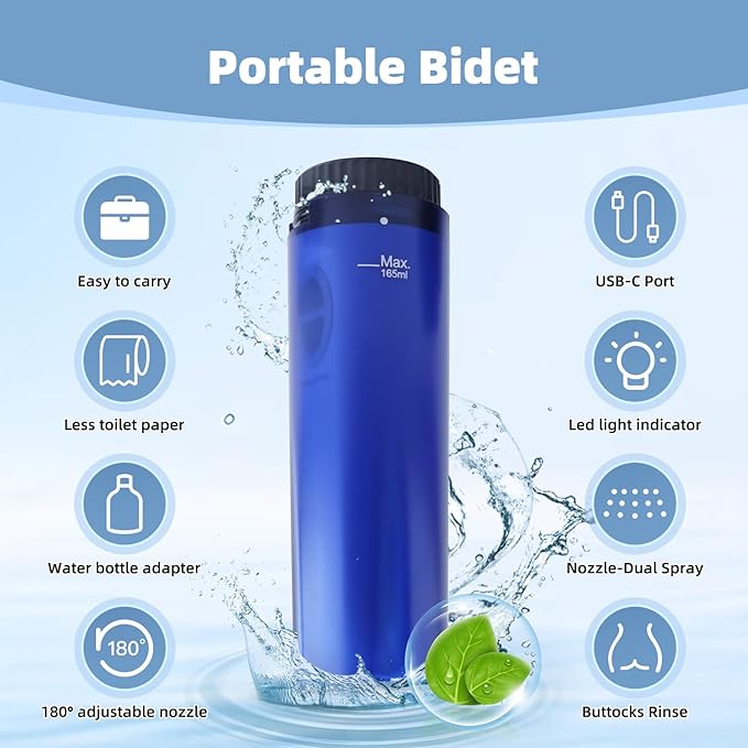 Hibbent Portable Bidet for Travel, High Pressure Handheld Electric Sprayer, Rechargeable Travel Bidet for Women & Men, Personal Hygiene Cleaning, Soothing Postpartum Care, Blue