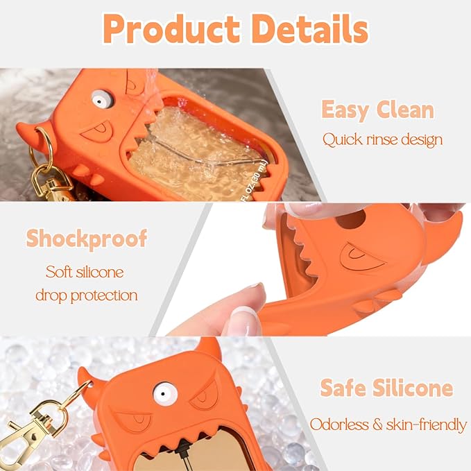 Hand Sanitizer Case Compatible with Touchland 1 Fl Oz, Cute Monster Silicone Spray Holder with Keychain for Bags, Orange