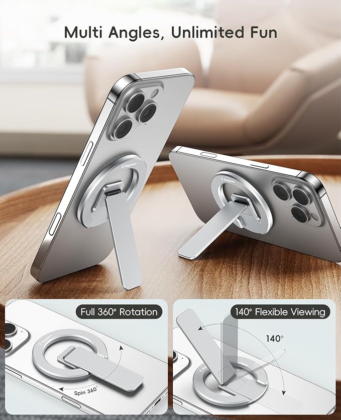 Magtame Double-Sided Magnetic Phone Stand Grip, Strong Magnetic Kickstand Desk Holder for Mag&Safe and Smartphone, Foldable Adjustable Design, Silver