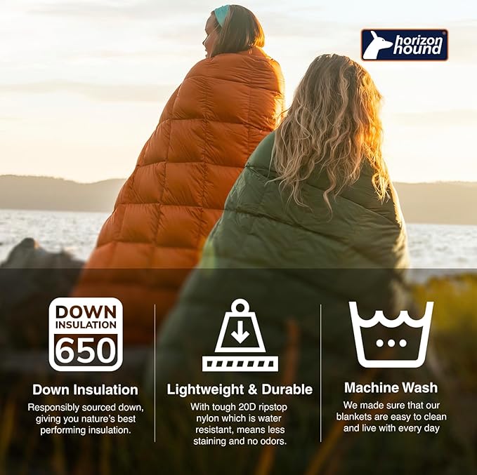 Horizon Hound Down Camping Blanket 650 Fill Power - Ultralight Backpacking Quilt (1lb 6oz) Warm & Water-Resistant 20D Nylon Shell for Outdoors, Camping, Hiking, Travel, & Stadium - Packable