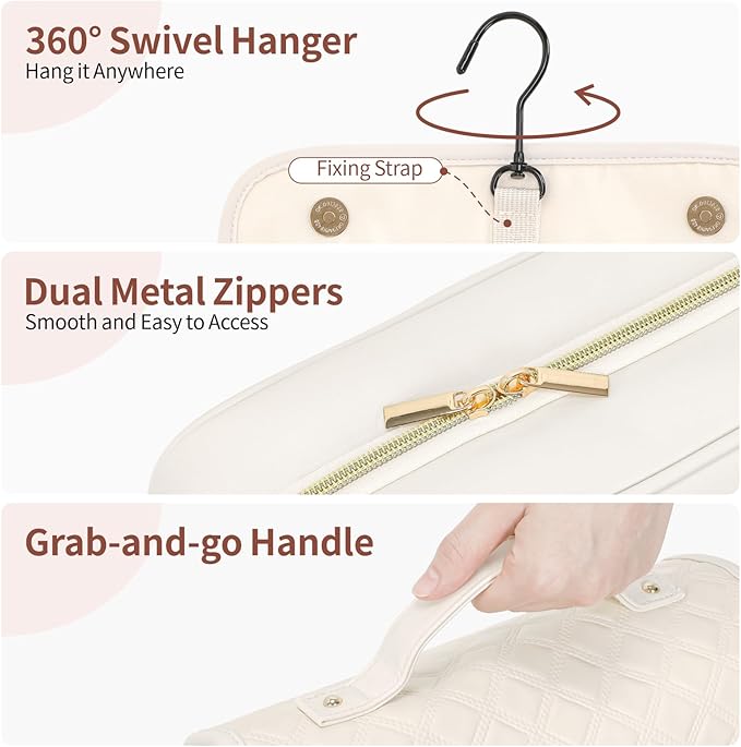 PACKISM Hanging Travel Toiletry Bag for Women - Quilted Plaid PU Leather Travel Makeup Bag with Detachable Bag, Waterproof Cosmetic Bag for Full-Sized Toiletries Fit Bathroom Cruise, Off-white (M)