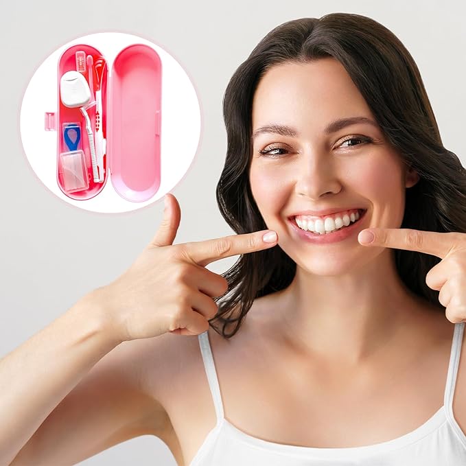 7-in-1 Travel Oral Care Kit with Case – Toothbrush, Tongue Scraper, Wisdom Toothbrush, Dental Floss, Floss Threaders, Interdental Brush, Dental Wax, Portable Hygiene Set for Daily Use Travel (Pink)