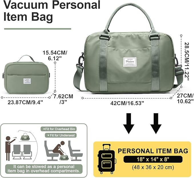 Vacuum Travel Bag for Women with Air Pump, Personal Item Carry on Bags with Seal Compression Pocket for Airlines, Weekender Overnight Bag for Women with Toiletry Bag，Green