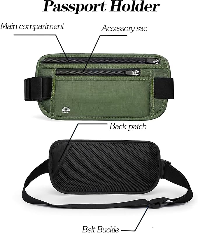 Green Hidden Money Belt for Travel for Men, Waist Wallet Anti Theft, RFID Passport Holder For Travel Men Or Women, Money Pouch, RFID Passport Holder