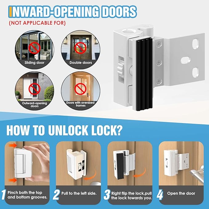 Door Reinforcement Lock 800lbs Security Lock, Heavy Duty Aluminum Alloy Deadbolt For Inward Swinging Doors, Anti-Kick Home Safety With 8 Screws For Apartment, Bedroom, Hotel (1, White - Screw-mounted)