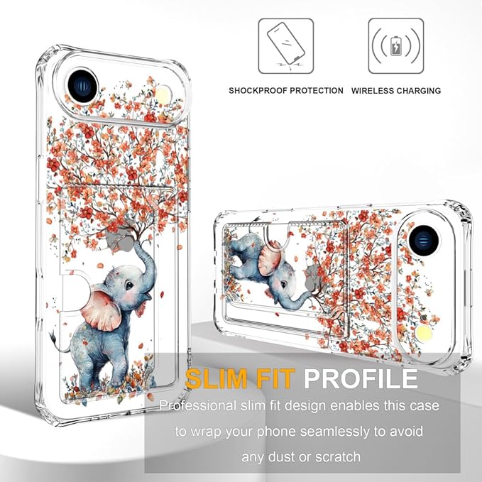 Compatible with iPhone 17 Air Case Card Holder for Women Cute Design,Wallet Phone Cases Transparent Cool Kawaii Protective (Clear Elephant Creating Flowers)