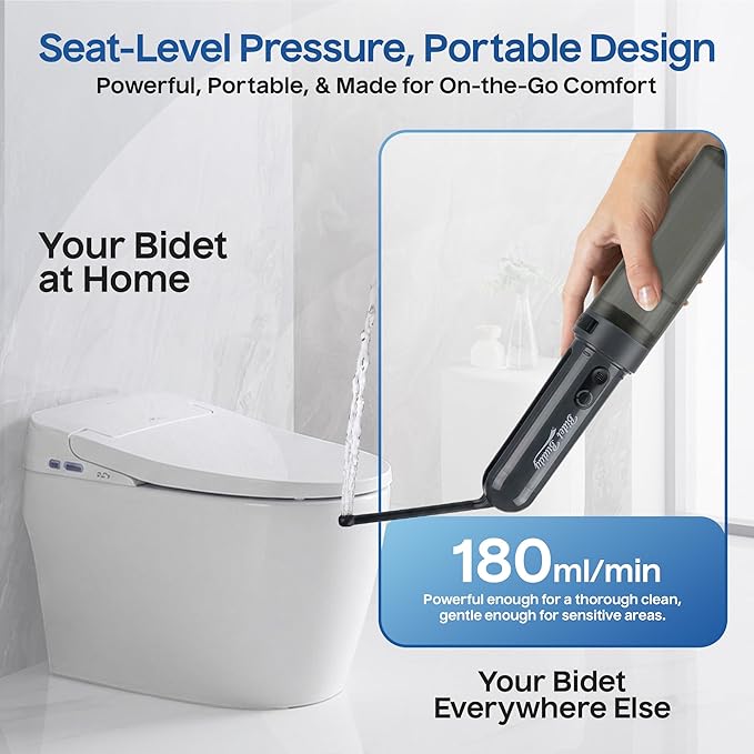 BIDET BUDDY® GoFlow Portable Bidet for Travel - 180ml Bottle with Two Power Modes, Nozzle Wand, IPX6 Waterproof, USB C Charging, 800mAh Rechargeable Battery, Medium Pressure