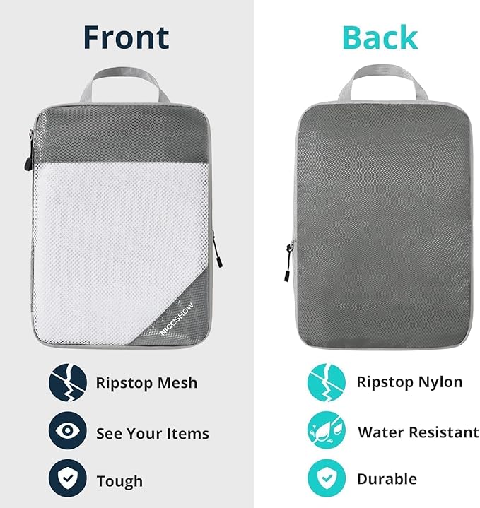 NICOSHOW 7 Set Compression Packing Cubes for Travel - Compressible, Lightweight, and Space-Saving Packing Cubes, Travel Essentials for Women, Grey
